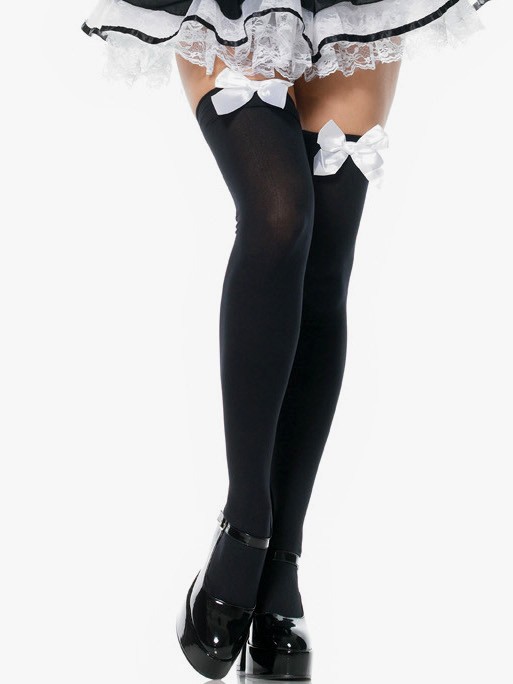 Opaque Thigh Highs With Satin Bow