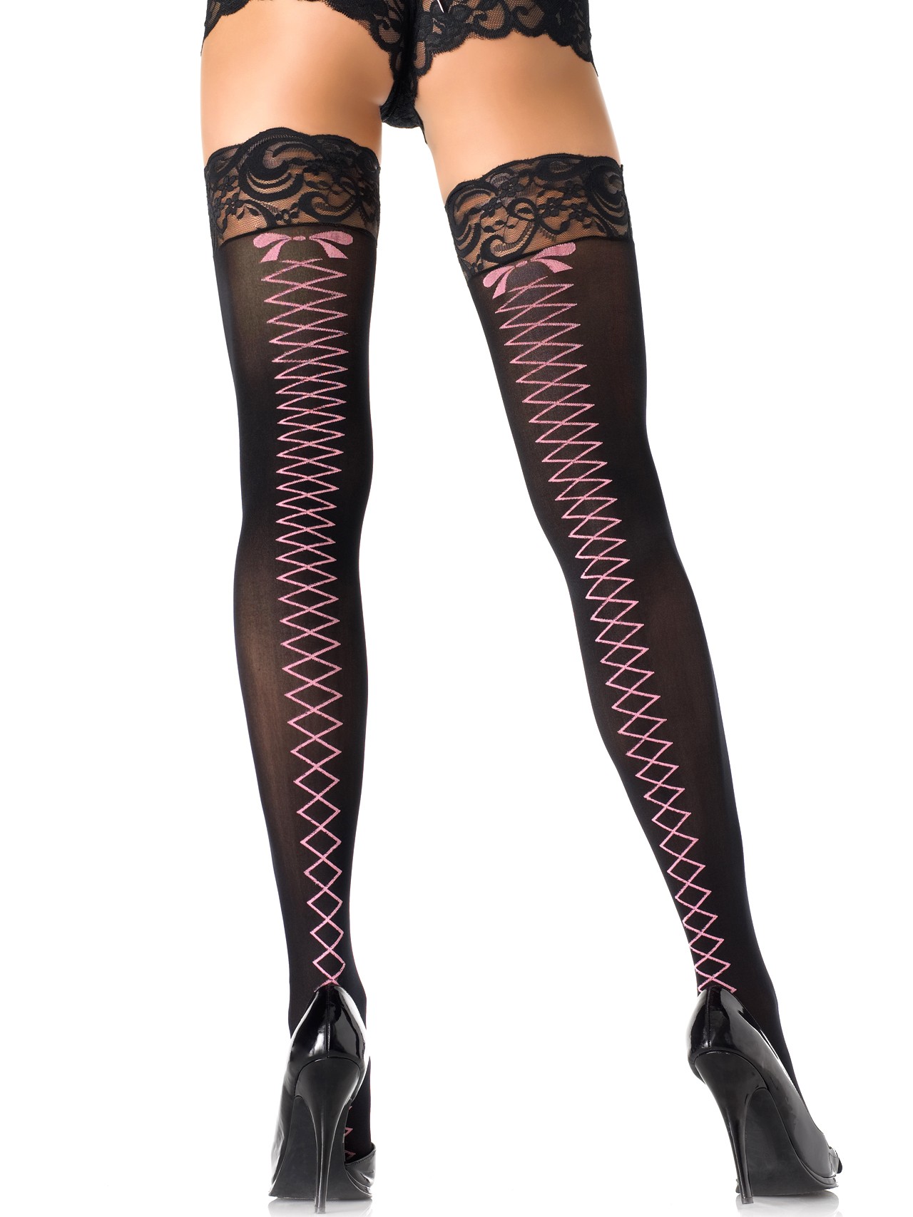 Lace Up Print Stay Up Stockings